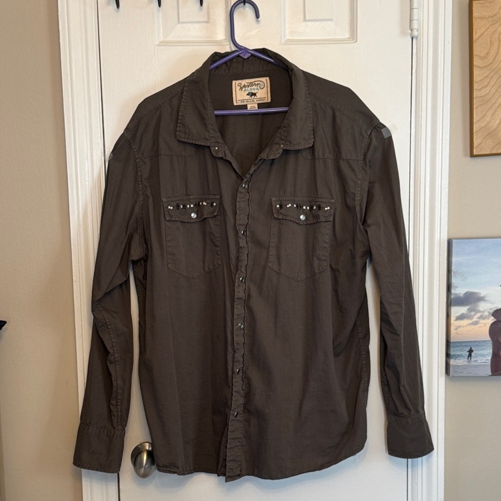 Western Aloha Chocolate Brown Pearl Snap Button Down Western Embroidered Shirt